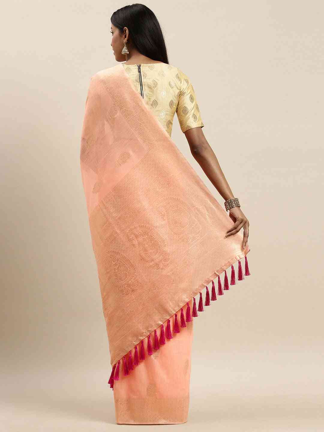  Bollywood Peach Colour Woven Design Cotton Saree