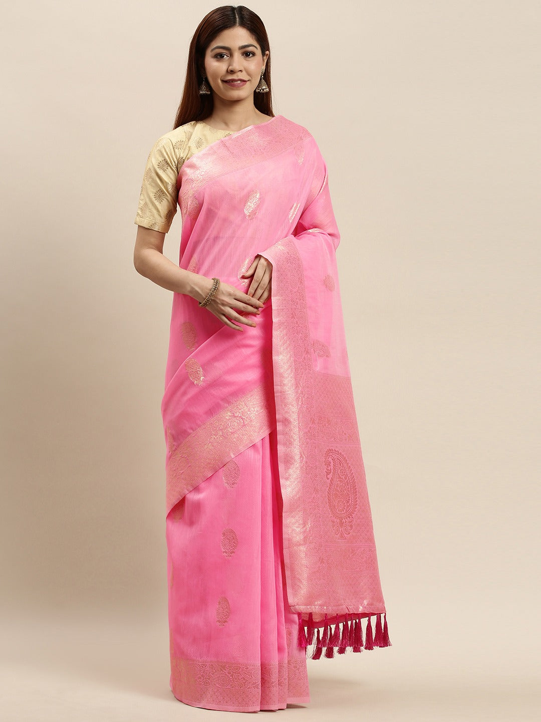 Bollywood Pink Colour Woven Design Cotton Saree 