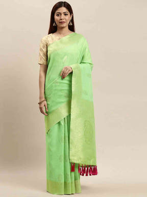 Bollywood Pista Colour Woven Design Cotton Saree