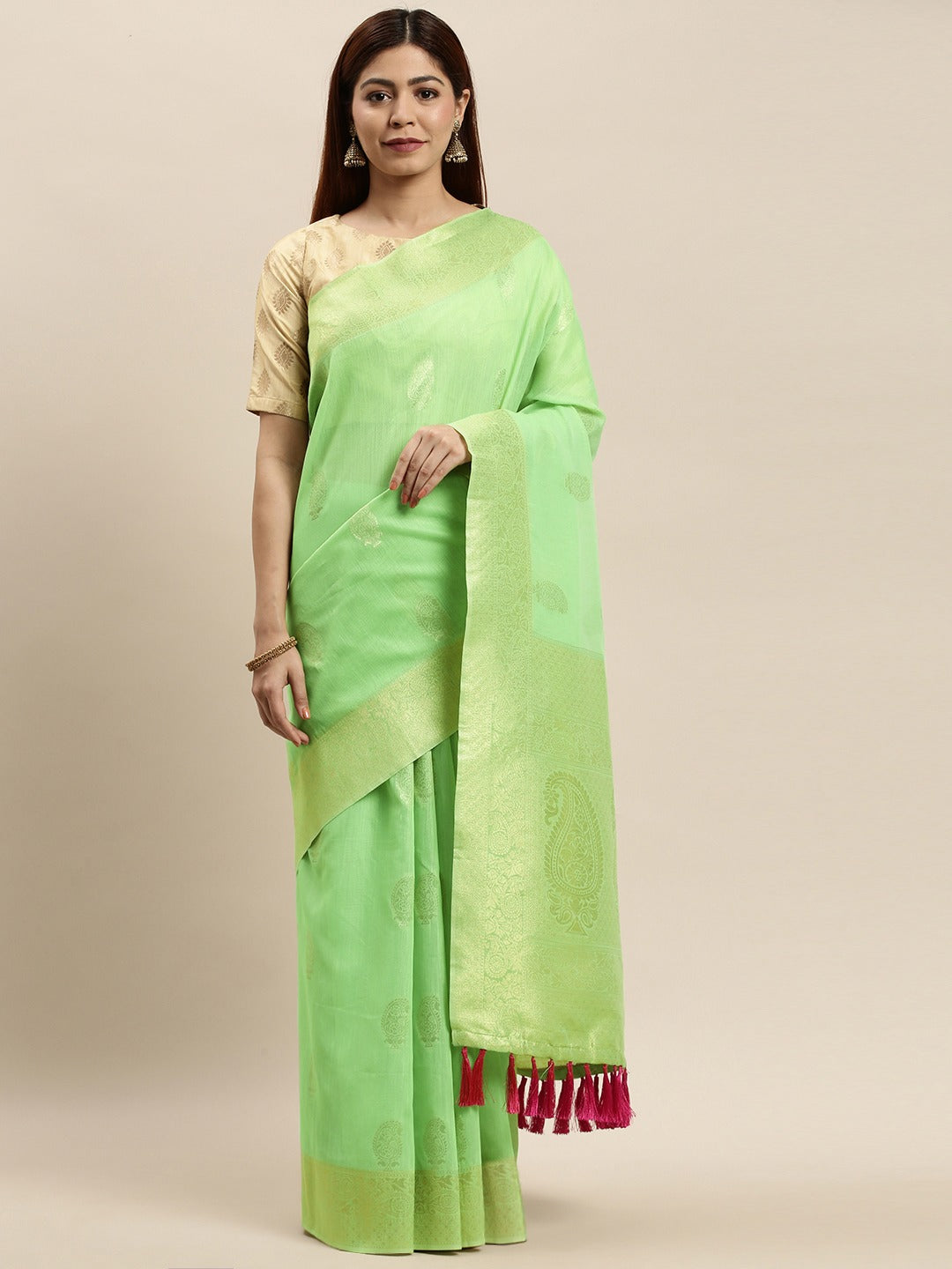 Bollywood Pista Colour Woven Design Cotton Saree