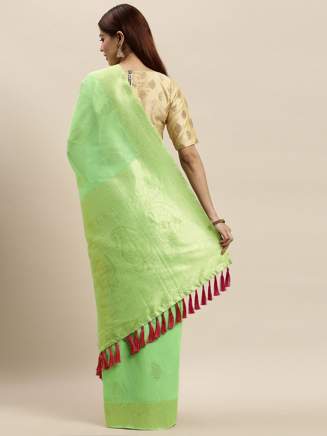 Bollywood Pista Colour Woven Design Cotton Saree