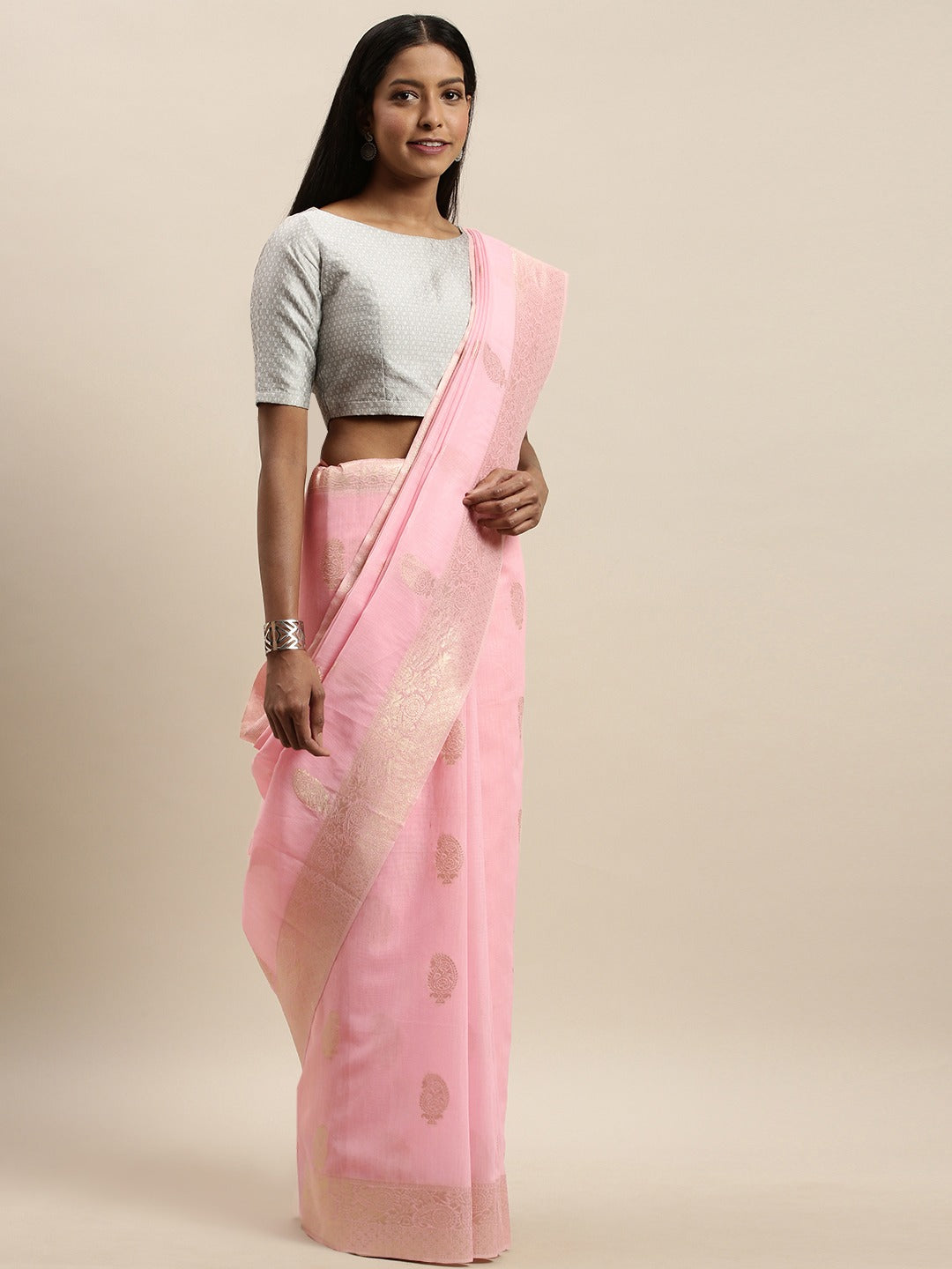Bollywood Cotton Saree in Light Pink Colour Woven Design 