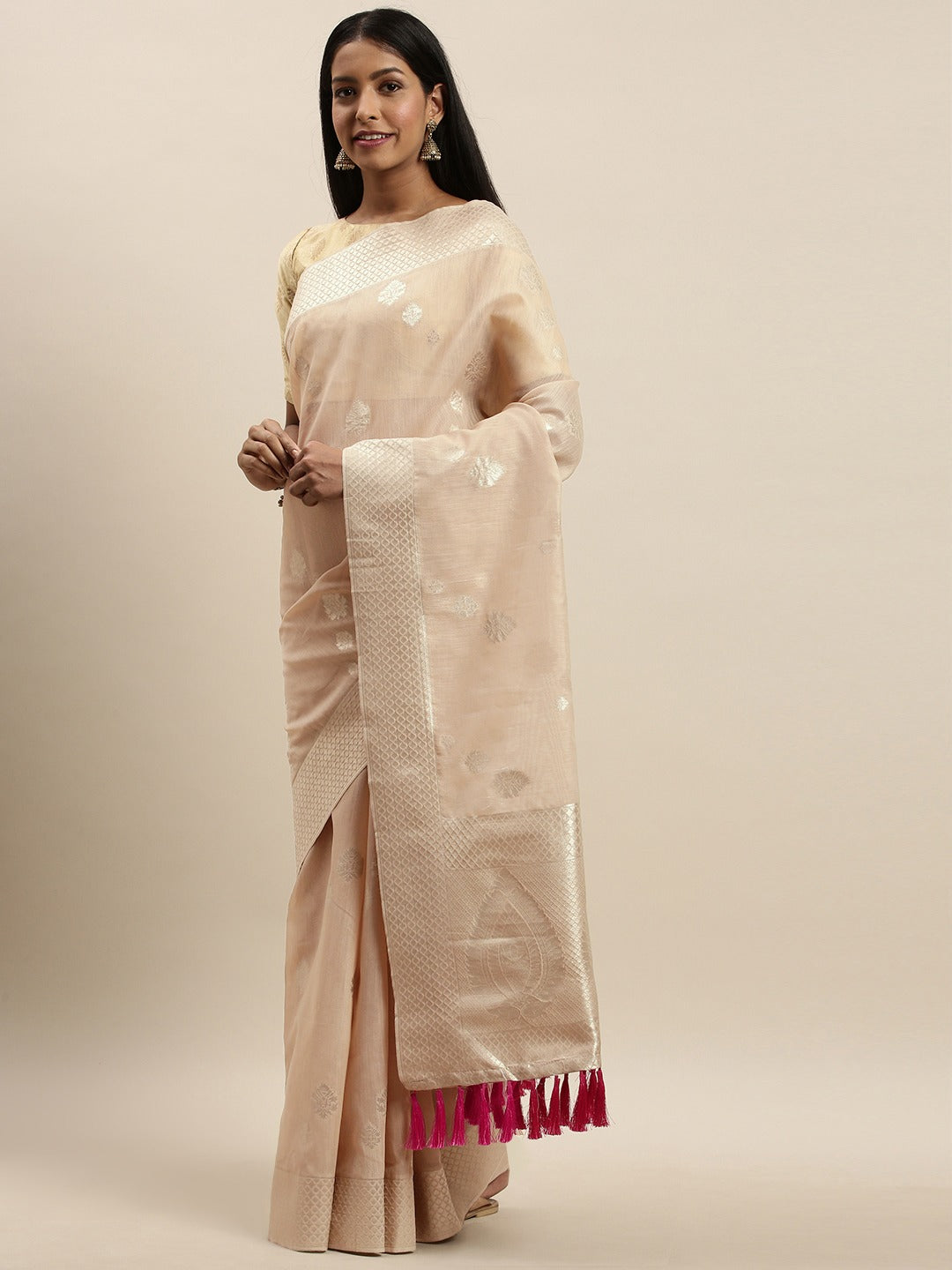  Bollywood Cream Colour Woven Design Cotton Saree 