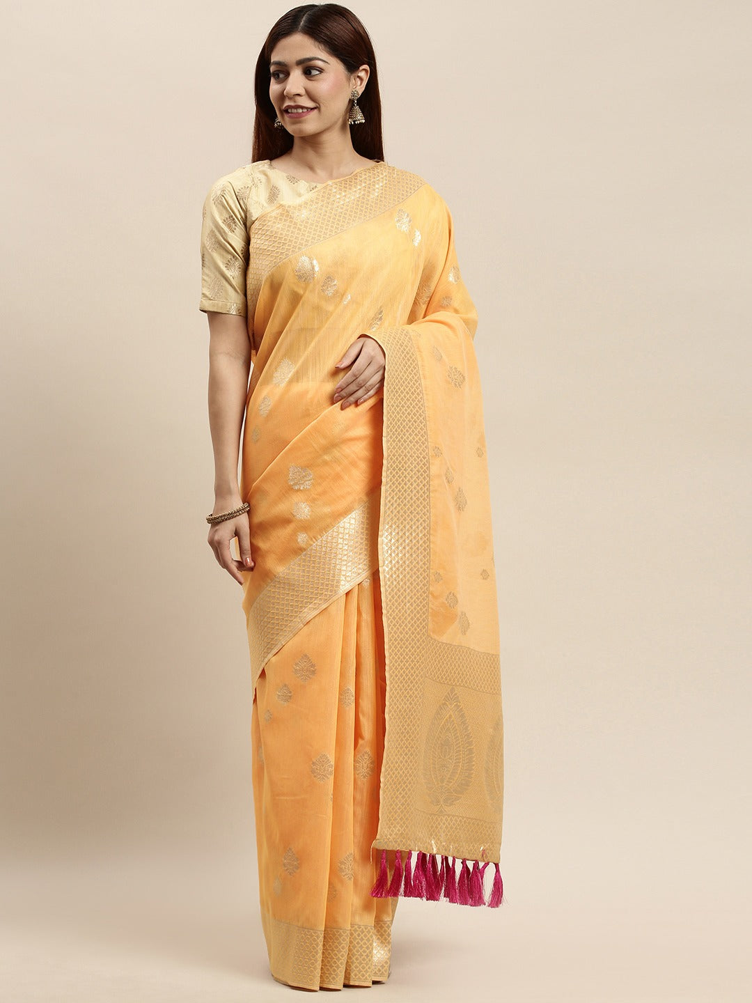 Bollywood Orange Colour Woven Cotton Saree