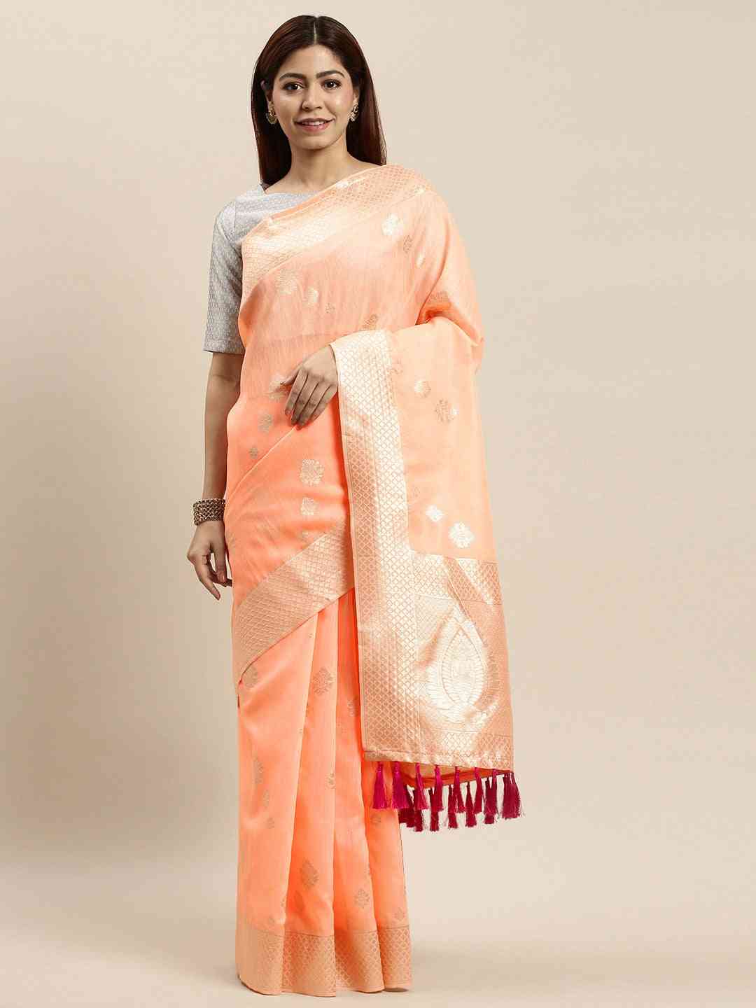 Stylish Bollywood Peach Colour Woven Design Cotton Saree