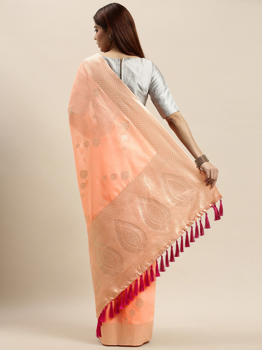 Stylish Bollywood Peach Colour Woven Design Cotton Saree