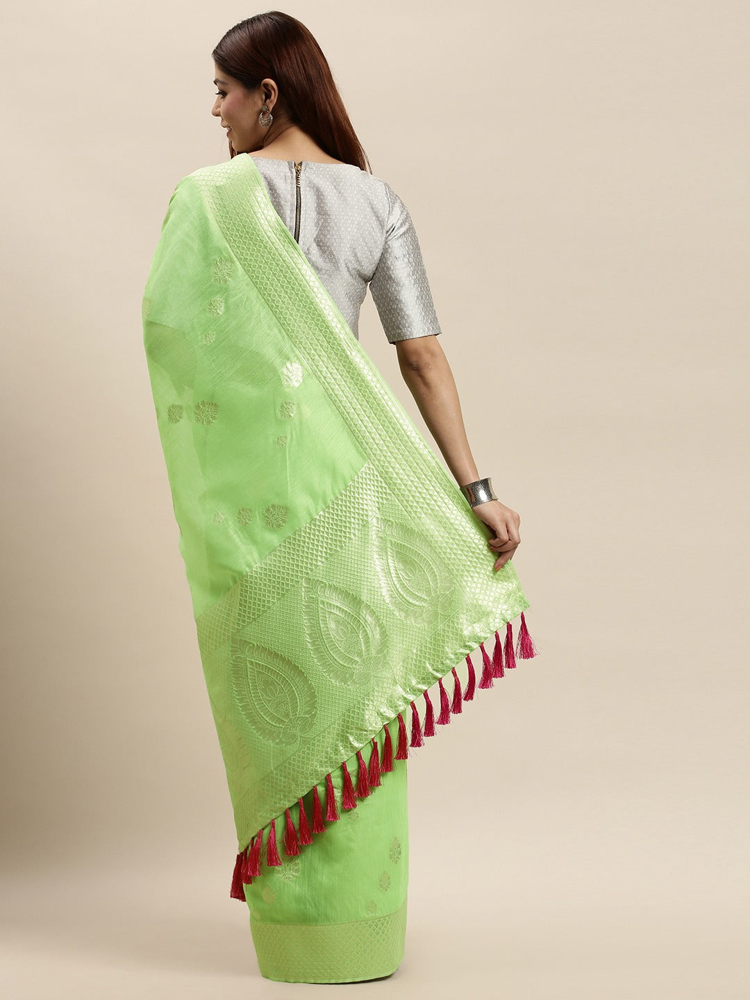 Stylish Bollywood Lime Colour Woven Design Cotton Saree 
