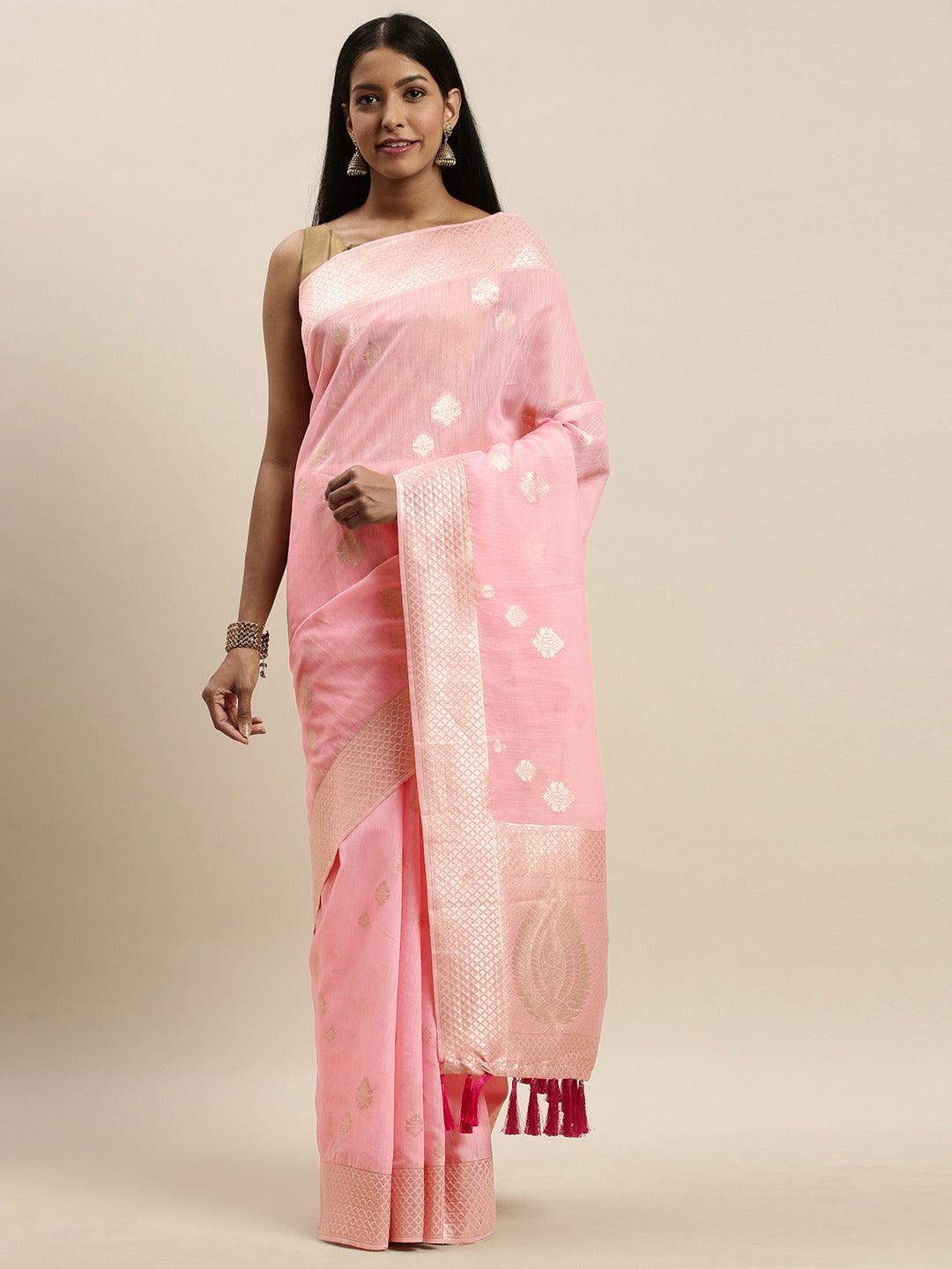 Bollywood Light Pink Colour Woven Design Cotton Saree 