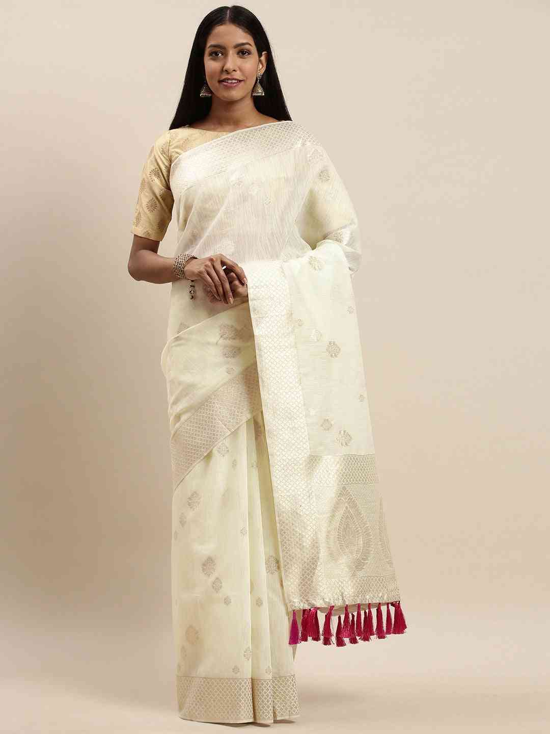 Stylish Bollywood White Colour Woven Design Cotton Saree 