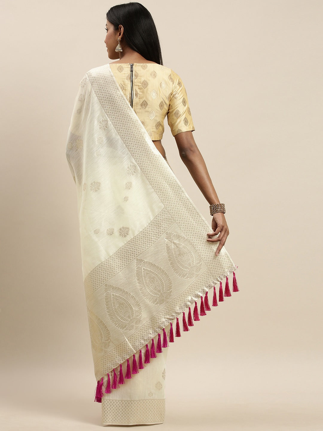 Stylish Bollywood White Colour Woven Design Cotton Saree 