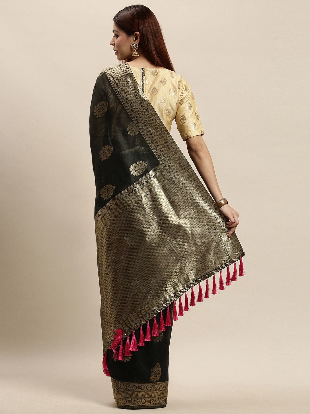 Bollywood Black Colour Cotton Woven Design Saree