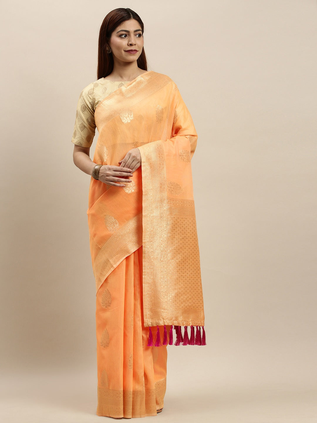 Stylish Bollywood Orange Colour Woven Design Cotton Saree