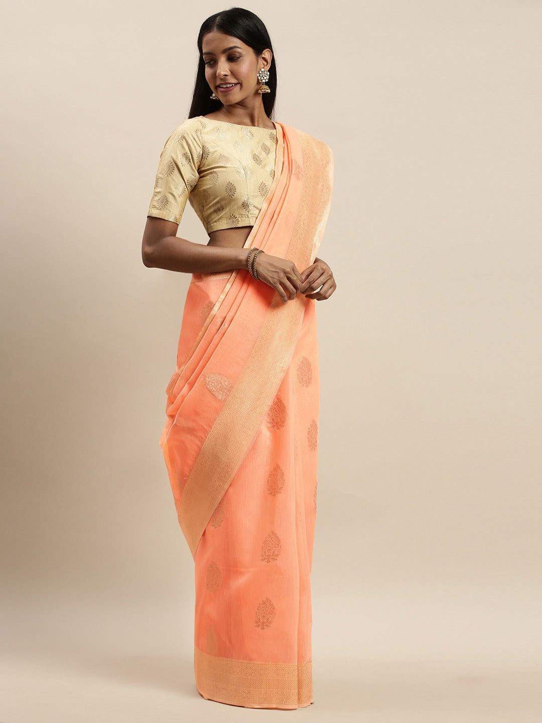 Bollywood Peach Colour Woven Design Cotton Saree