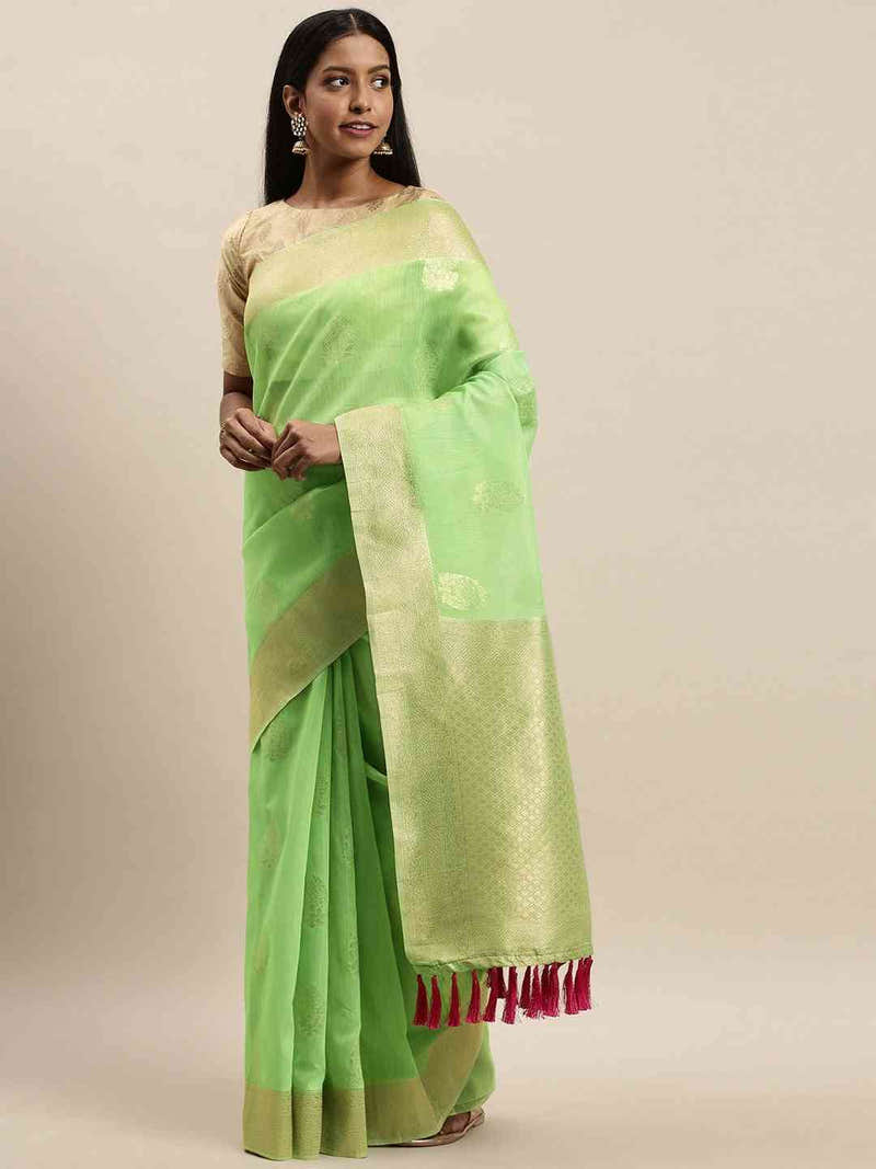 Bollywood Lime Colour Woven Design Cotton Saree