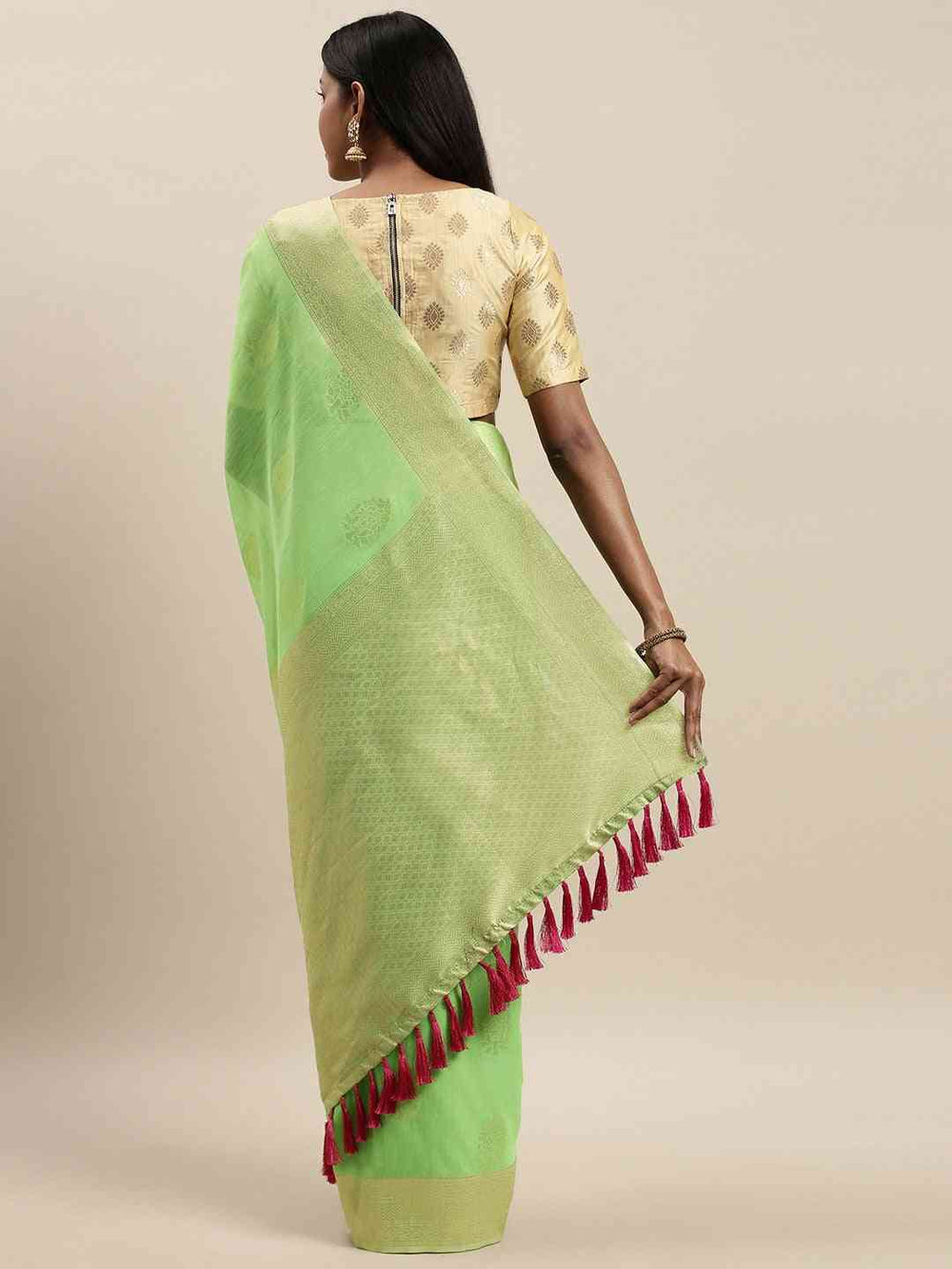Stylish Bollywood Lime Colour Woven Design Cotton Saree