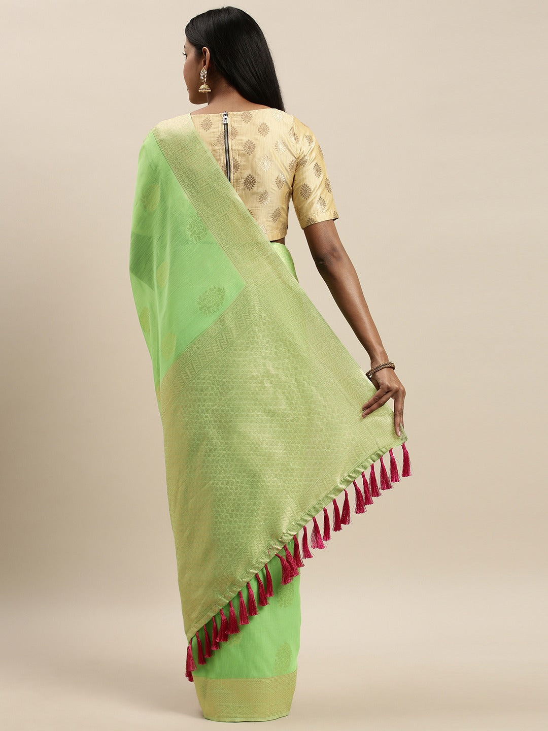 Stylish Bollywood Lime Colour Woven Design Cotton Saree