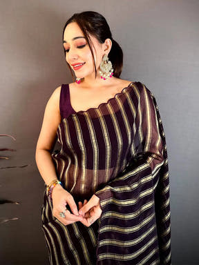 Coffee Brown Gold Zari Stripe Chiffon Saree