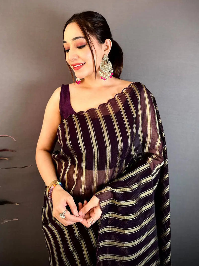 Coffee Brown Gold Zari Stripe Chiffon Saree