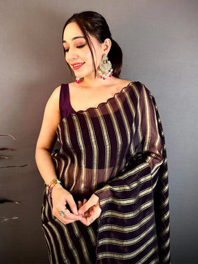Coffee Brown Gold Zari Stripe Chiffon Saree
