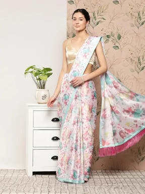Soft Satin Georgette Pristel Colour Party Wear Saree