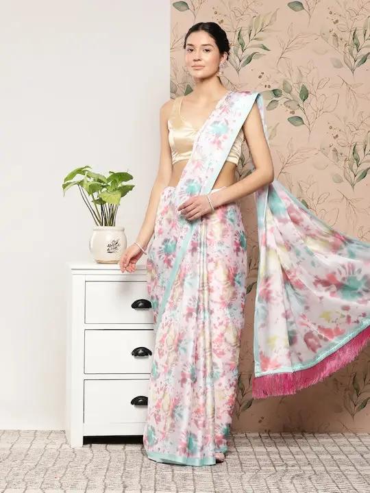 Soft Satin Georgette Pristel Colour Party Wear Saree