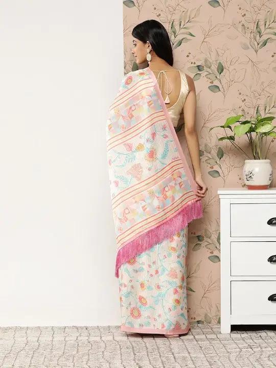 Soft Satin Georgette Saree in Pristel Colour