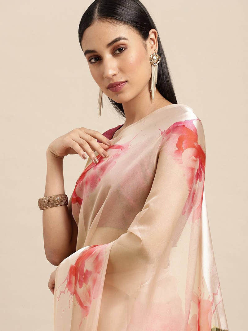 Beige Soft Organza Saree with Satin Border and Flower Digital Print