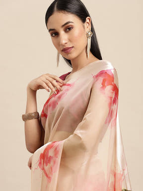 Organza With Satin Border Flower Print Party Wear Saree