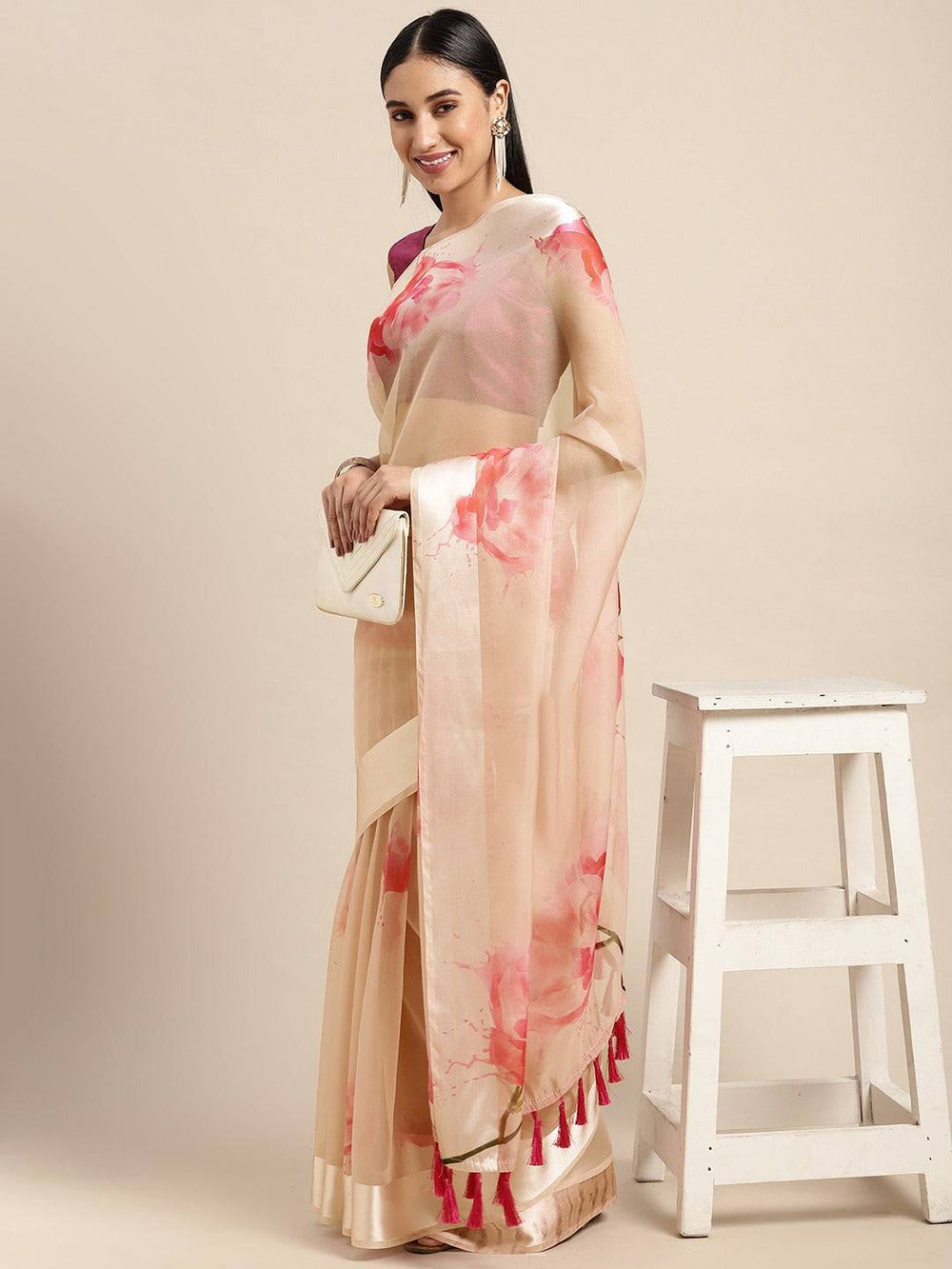 Organza With Satin Border Flower Print Party Wear Saree