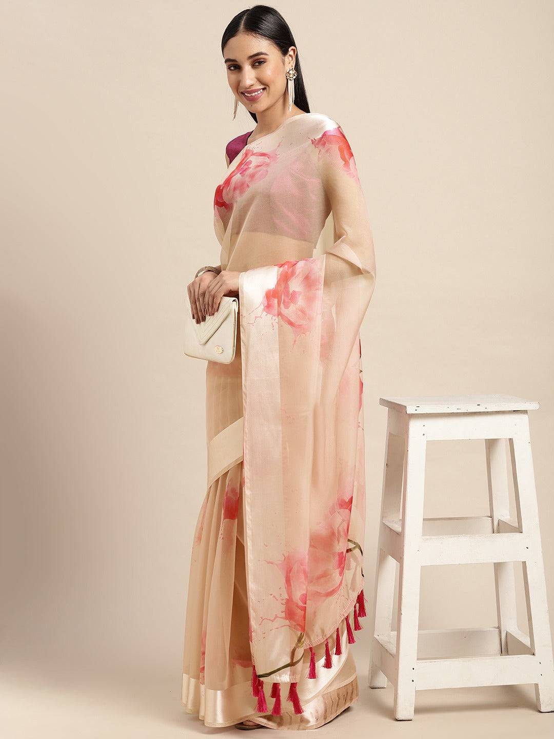 Organza With Satin Border Flower Print Party Wear Saree