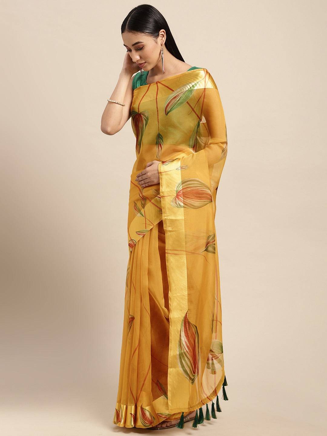 Organza With Satin Border Flower Print Party Wear Saree