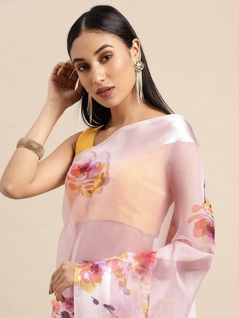Light Pink Soft Organza Saree with Satin Border and Flower Digital Print