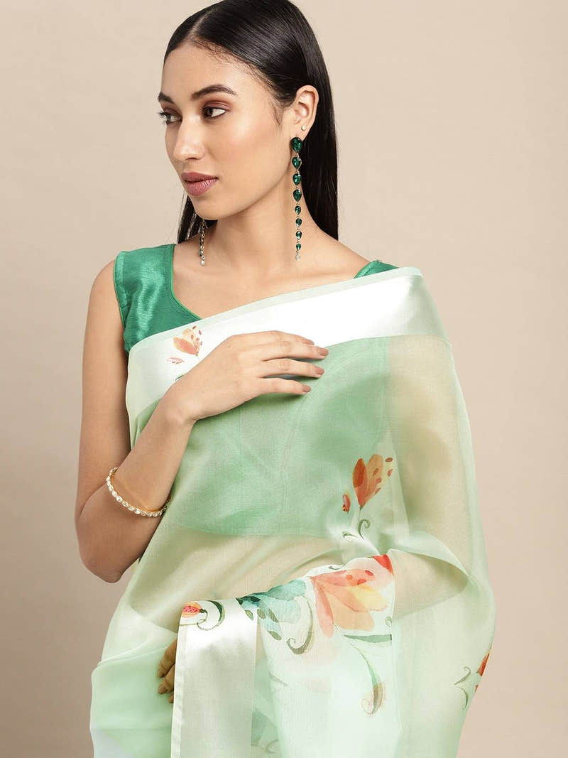 Pista Soft Organza Saree with Satin Border and Flower Digital Print