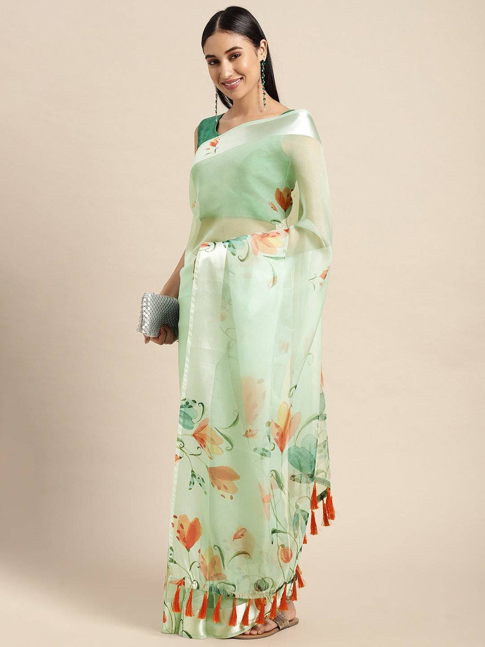 Organza With Satin Border Flower Print Party Wear Saree