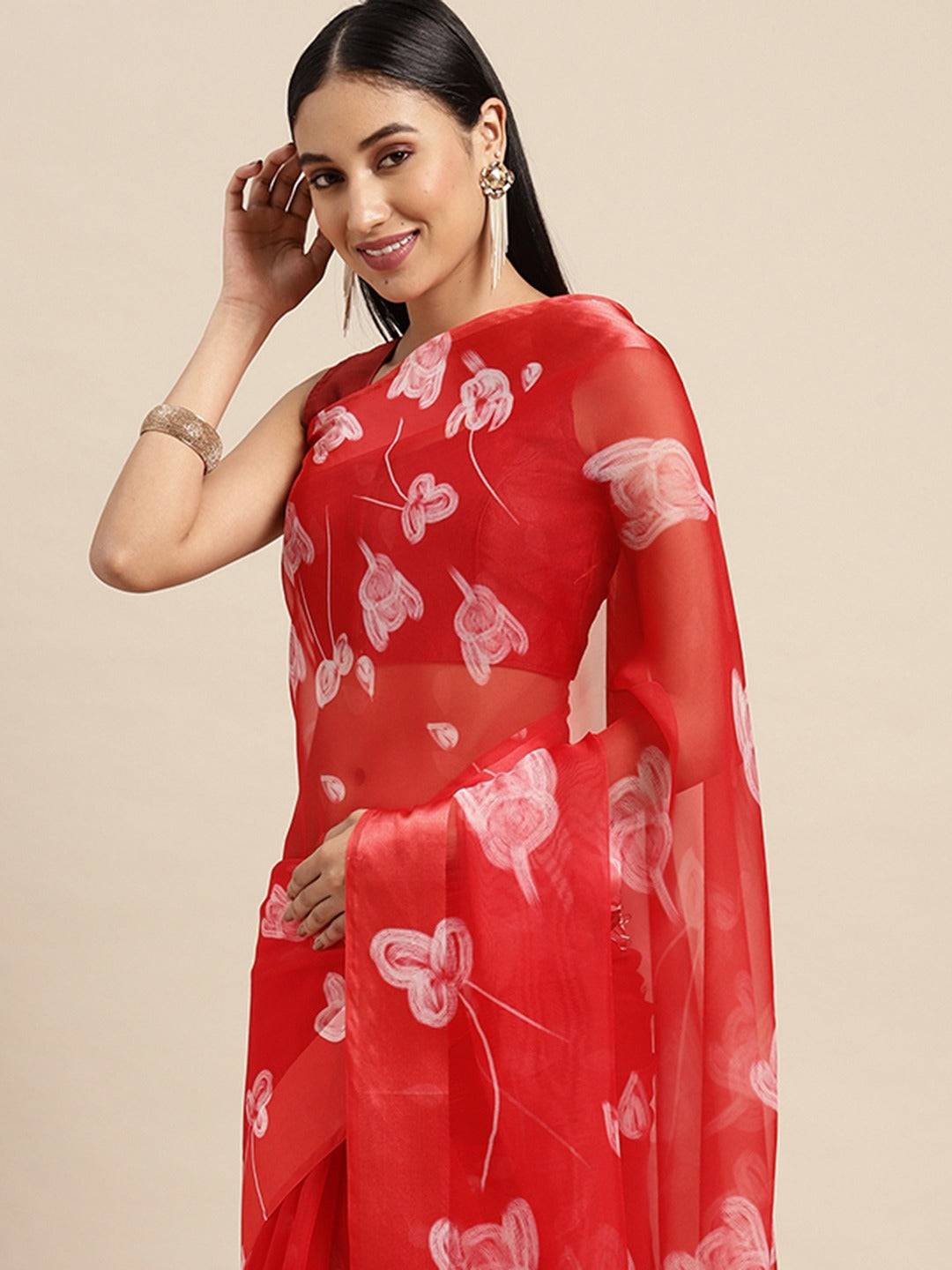 Organza With Satin Border Flower Print Party Wear Saree