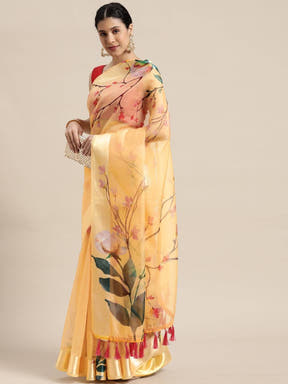 Organza With Satin Border Flower Print Party Wear Saree