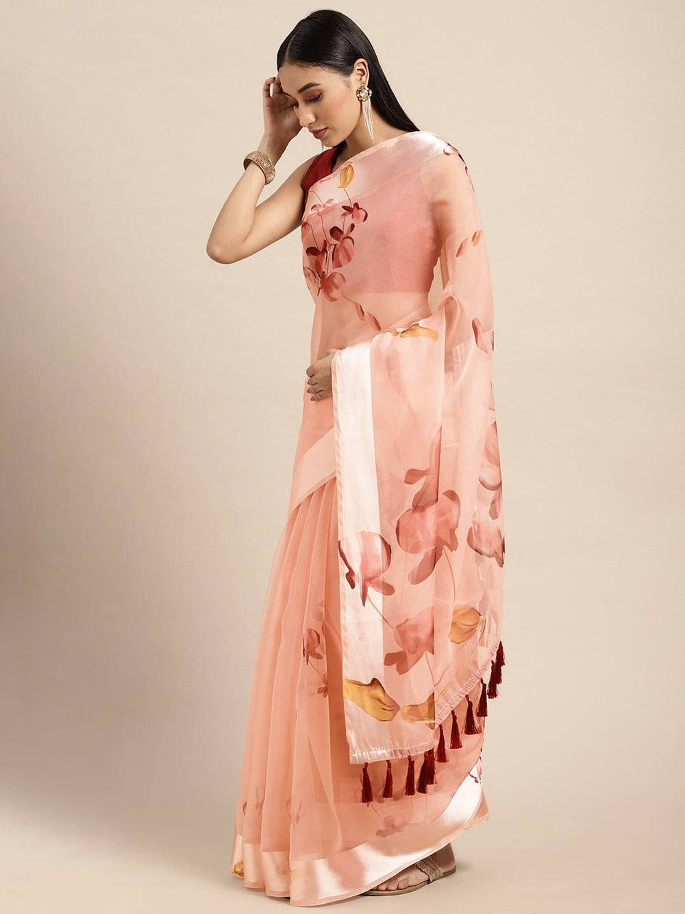 Organza With Satin Border Flower Print Party Wear Saree