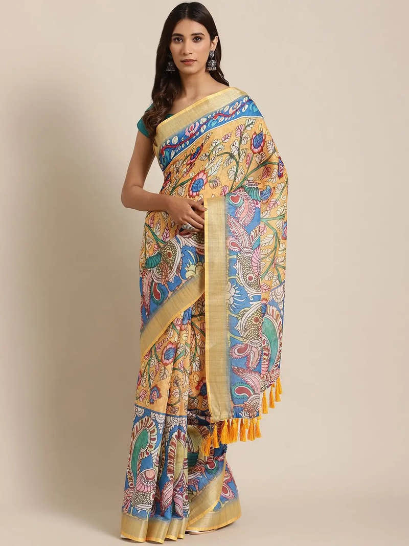 Beautiful Linen Blend Blue Colour Kalamkari Print Saree