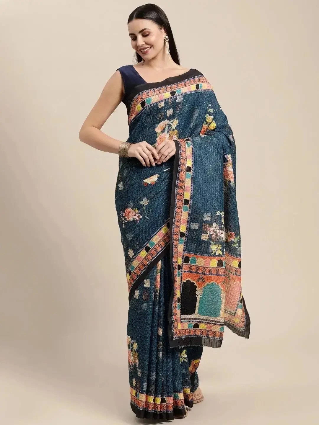  Beautiful Sequenced Work Silk Saree with Printed Border