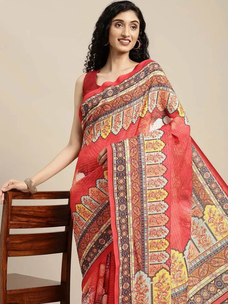 Beautiful Red Colour Mughal Printed Silk Saree