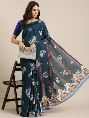 Stylish Blue Colour Floral Print Saree with Sequence Work 
