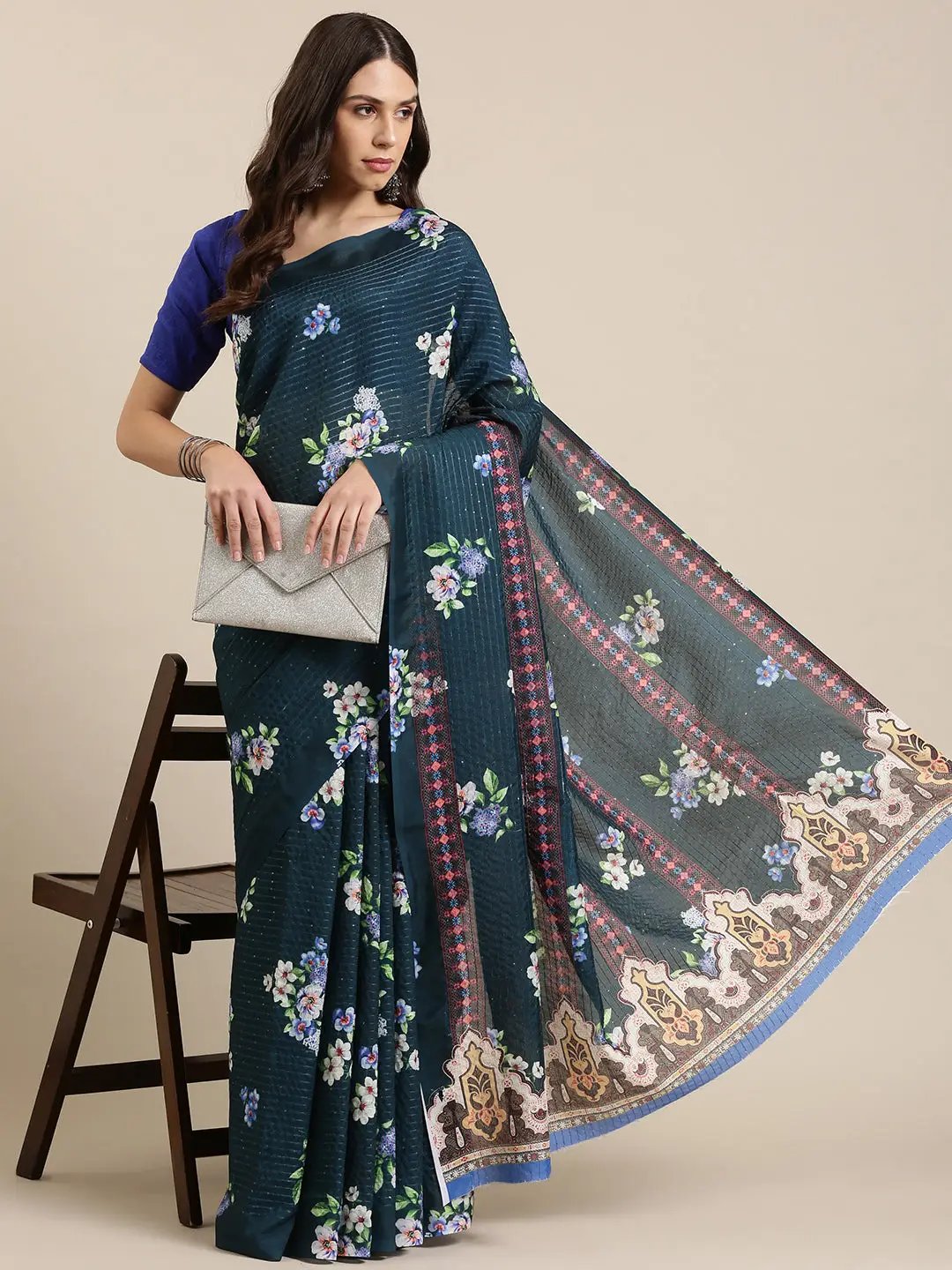 Stylish Blue Colour Floral Print Saree with Sequence Work 