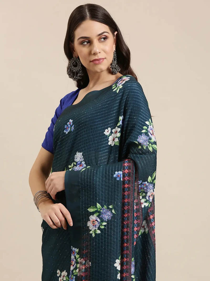 Beautiful Floral Print With Sequinned Work Silk Saree