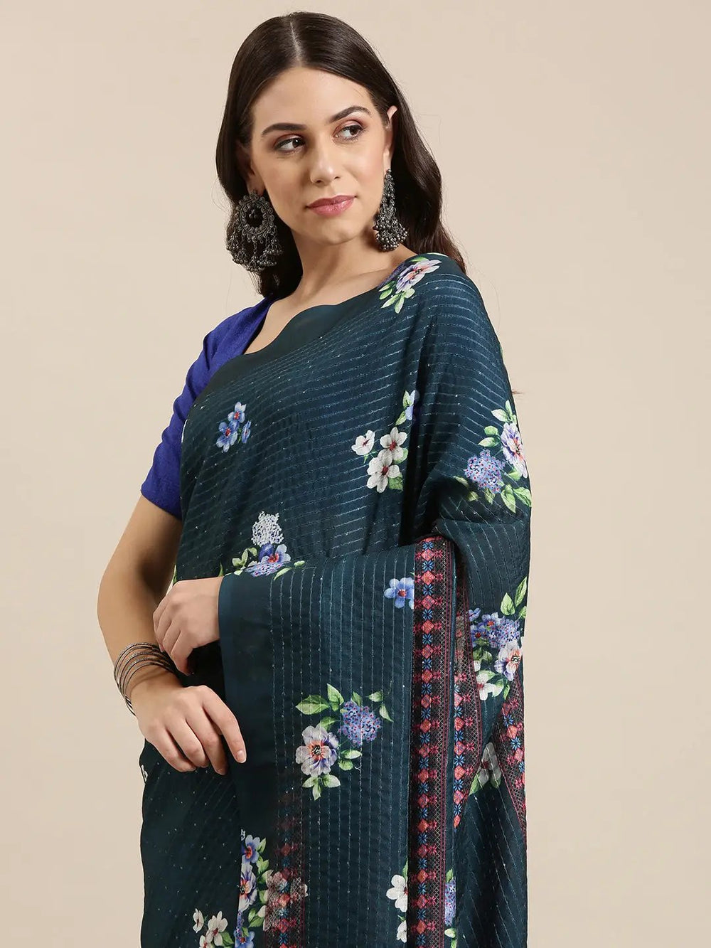 Stylish Blue Colour Floral Print Saree with Sequence Work 
