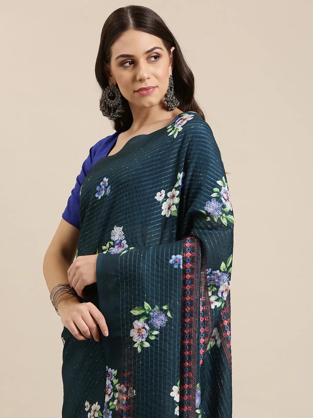 Stylish Blue Colour Floral Print Saree with Sequence Work 
