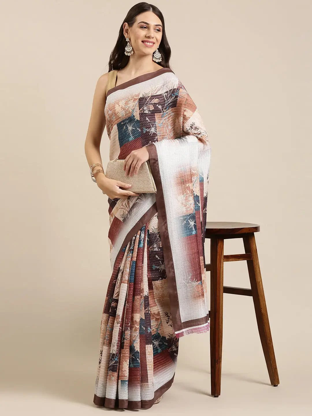 Beautiful Abstract Printed With Sequinned Work Silk Saree