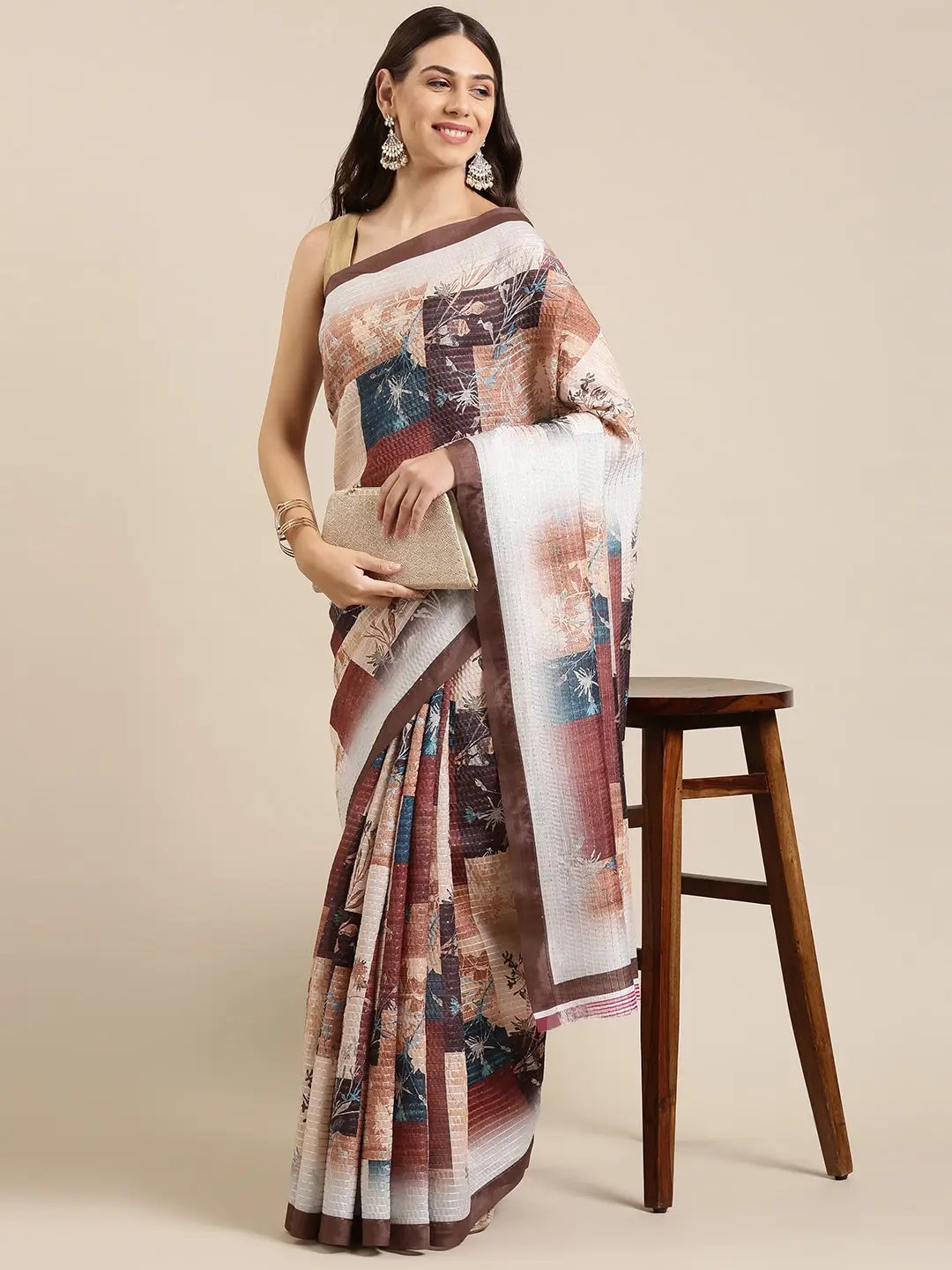 Beautiful Abstract Printed With Sequinned Work Silk Saree