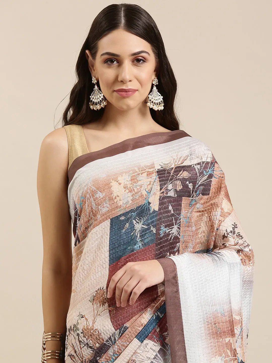 Beautiful Abstract Printed With Sequinned Work Silk Saree