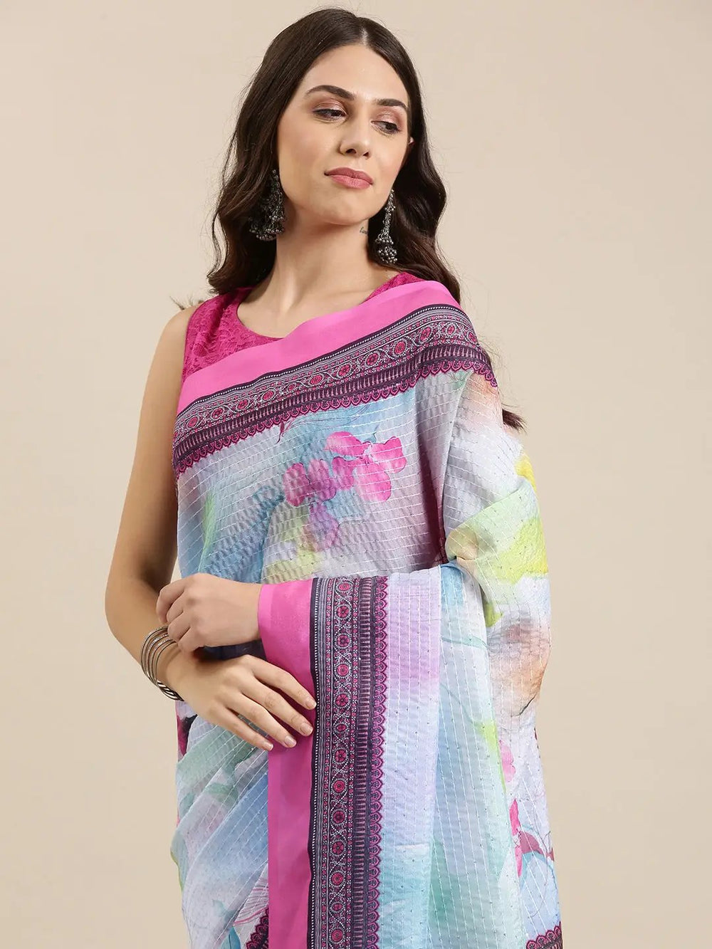  Beautiful Floral Print Silk Saree with Sequenced Work