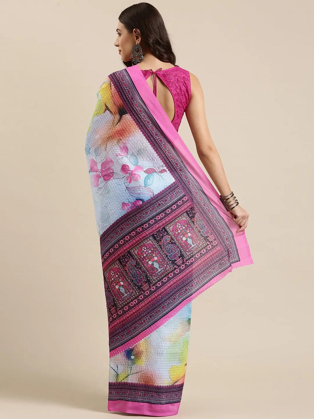  Beautiful Floral Print Silk Saree with Sequenced Work